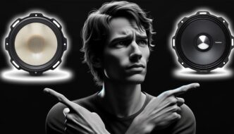 A confused looking man with his arms crossed, pointing at a speaker on either side of him.