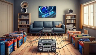 A living room with a car audio system set up in it