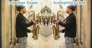 A man with a saxophone and his mirror image the other side