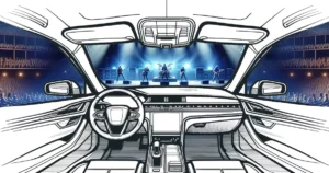 The inside of a car with a band playing on a stage through the front window