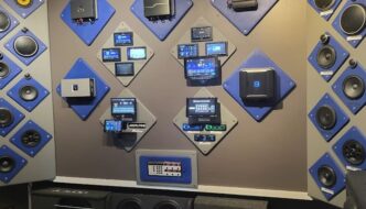 An interactive car audio display wall at an audio shop
