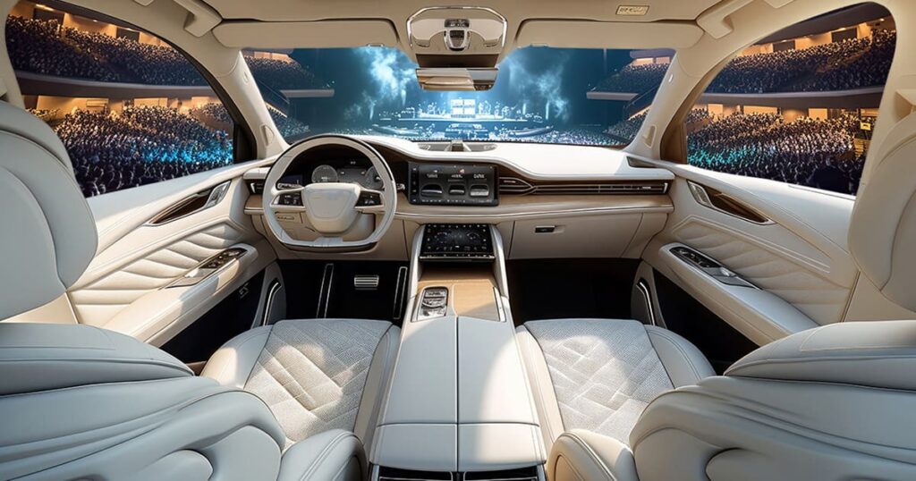 The inside of a vehicle and through the windshield you can see a concert