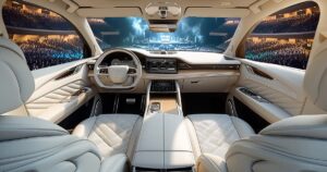 The inside of a vehicle and through the windshield you can see a concert