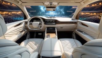 The inside of a vehicle and through the windshield you can see a concert