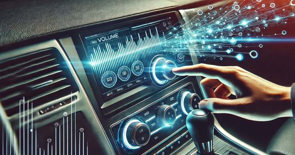 A man's hand pressing a button on a vehicle radio system