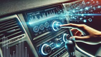 A man's hand pressing a button on a vehicle radio system