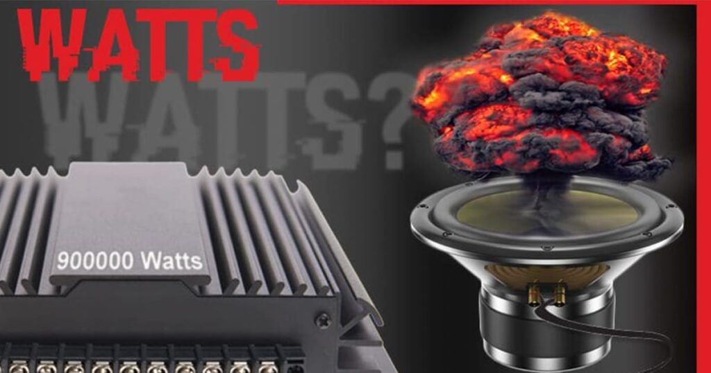 A car audio amplifier and a car audio speaker with an explosion coming out of the top of it