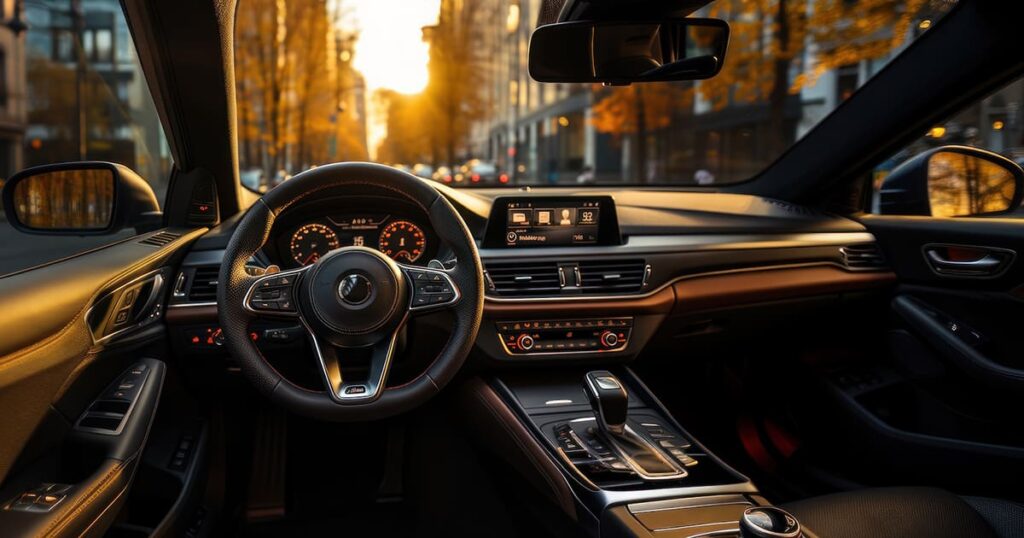 The inside view of a car streering wheel and dash with a view of a city in the sunshine outside