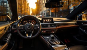 The inside view of a car streering wheel and dash with a view of a city in the sunshine outside