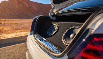 A vehicle in the desert with it's trunk open to reveal a subwoofer set