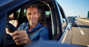 A man driving down the freeway looking into his left view mirror