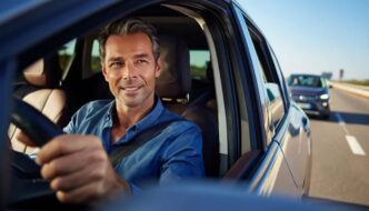 A man driving down the freeway looking into his left view mirror
