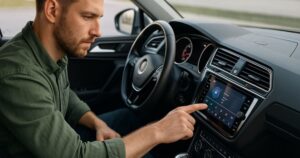 A man pushing a button on his car audio system