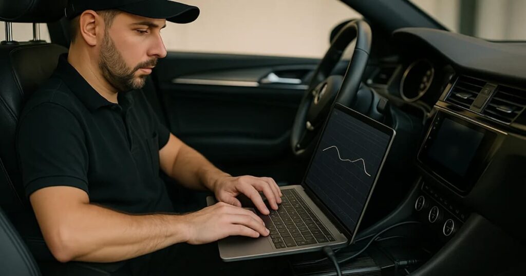 A man sitting in the driver's seat of a car working on a laptop