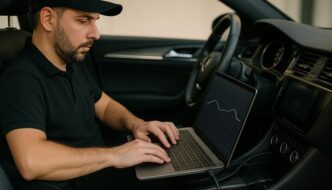 A man sitting in the driver's seat of a car working on a laptop
