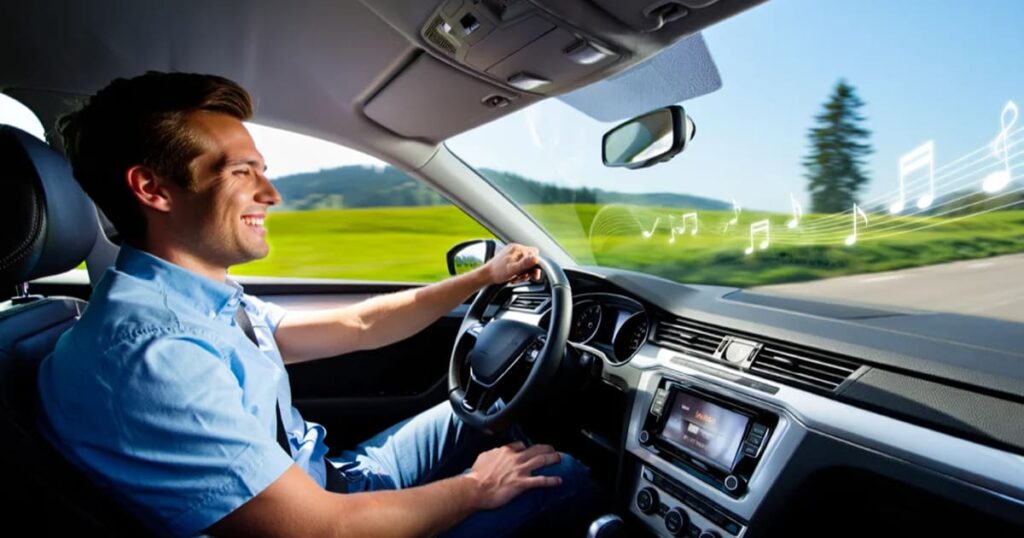 A man in a car, driving down a road as music notes float by on the breeze