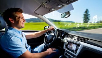 A man in a car, driving down a road as music notes float by on the breeze