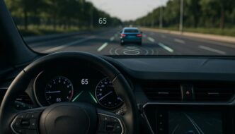 A car driving down a road with a car in front of it, around the vehicle are lines indicating the ADAS system